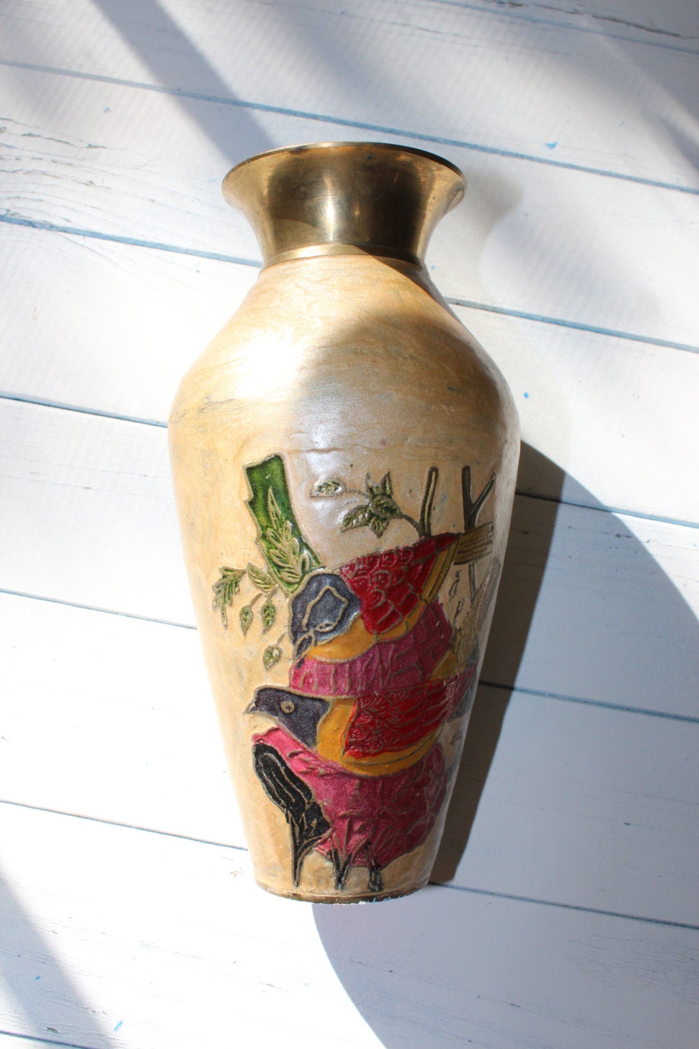 Vintage Brass Metal Flower Vase, Bird Motif, Bud Vase, Brass Vase