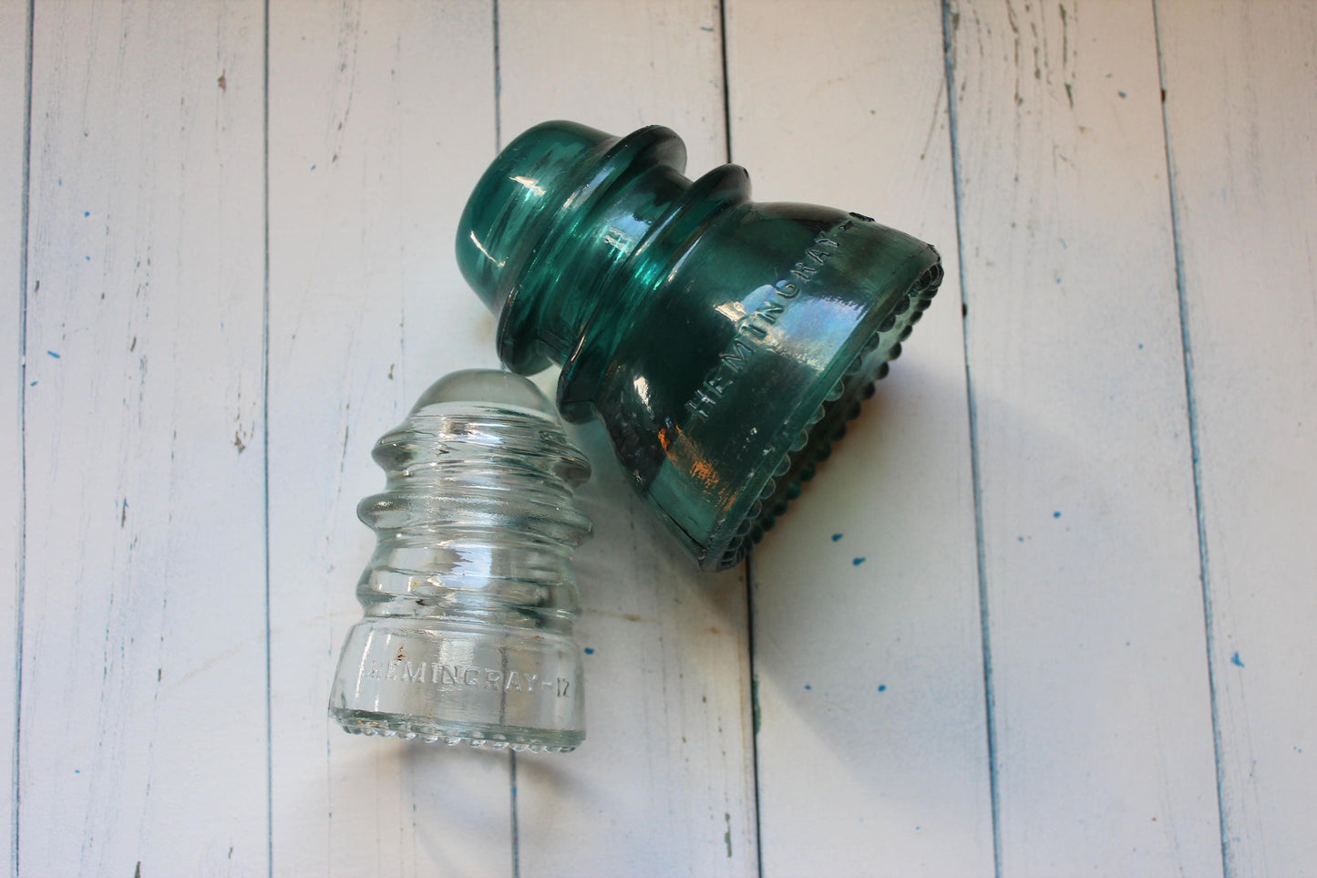 1920s Hemingray 42 & 12 Glass Insulators, Decorative Kitchen Pendant Light,Retro Lamp Shade,Green Clear Art,Shelf Sitter Collectible Gift