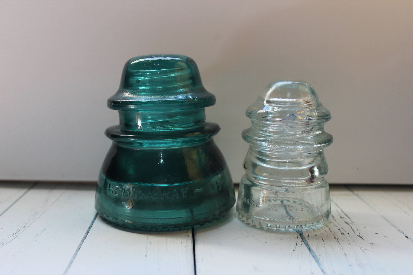 1920s Hemingray 42 & 12 Glass Insulators, Decorative Kitchen Pendant Light,Retro Lamp Shade,Green Clear Art,Shelf Sitter Collectible Gift