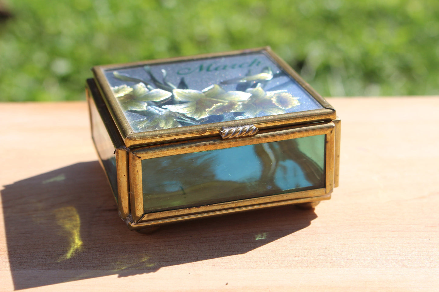 Handcrafted Brass and Glass Vintage "February" Jewelry Box / Mirrored Trinket Glass Box / Vanity Box