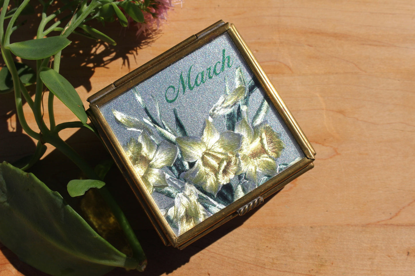 Handcrafted Brass and Glass Vintage "February" Jewelry Box / Mirrored Trinket Glass Box / Vanity Box