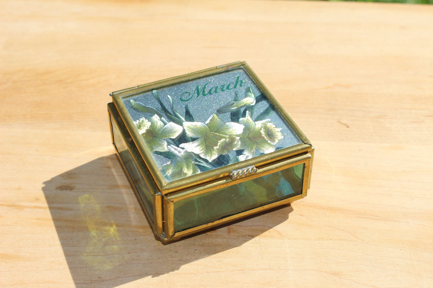 Handcrafted Brass and Glass Vintage "February" Jewelry Box / Mirrored Trinket Glass Box / Vanity Box