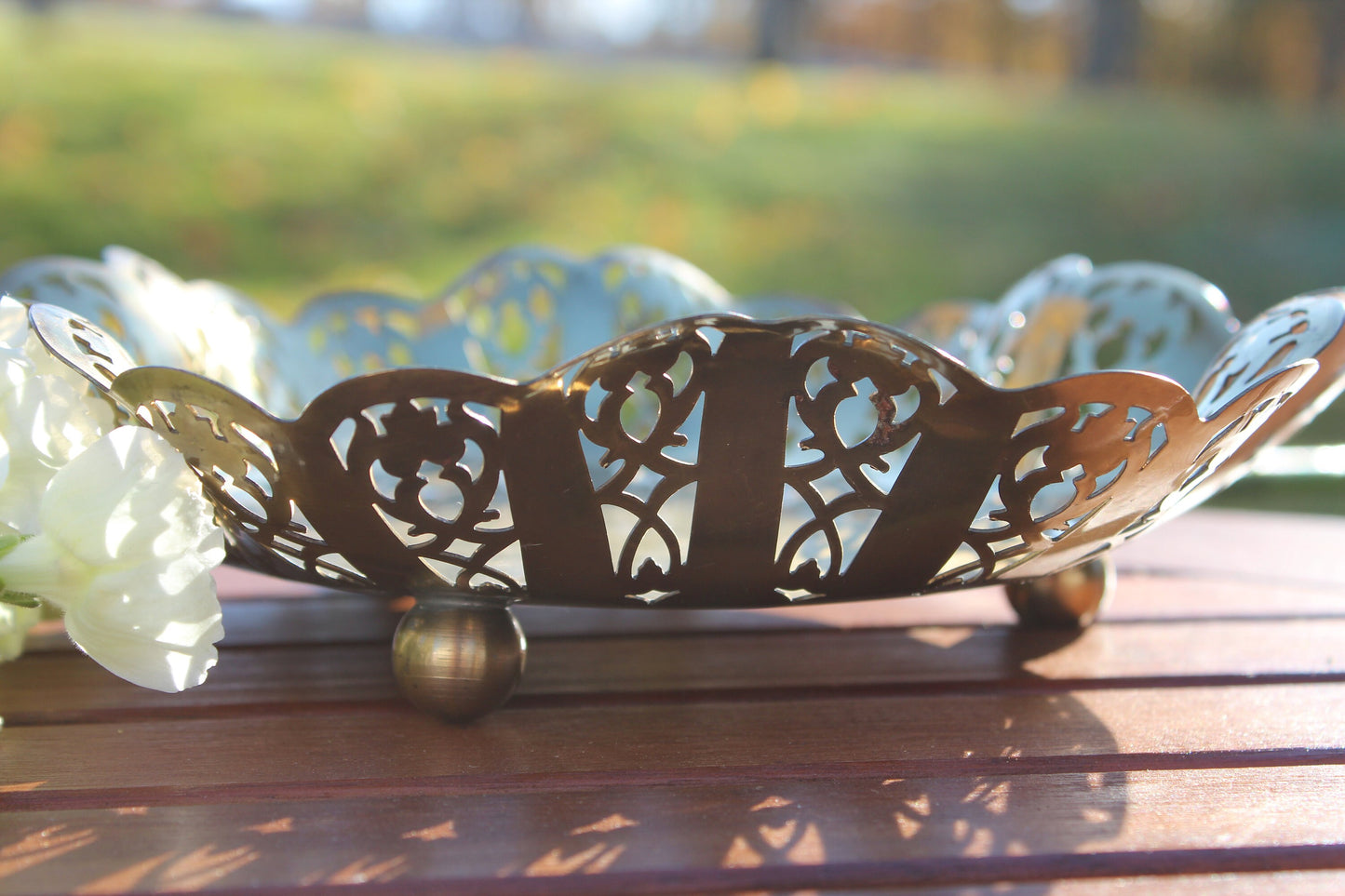 Filigree Footed Brass Bowl, Scalloped Edge, Dessau Brass Footed Dish, West Germany Trinket Bowl, Change Dish, Gold Incense Dish Sage Stick