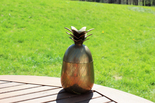 Vintage 8" Brass Pineapple Container, Heavy Brass Figural Jar with Lid, Candle Holder Lid, Hospitality Symbol, Golden Pineapple Decor