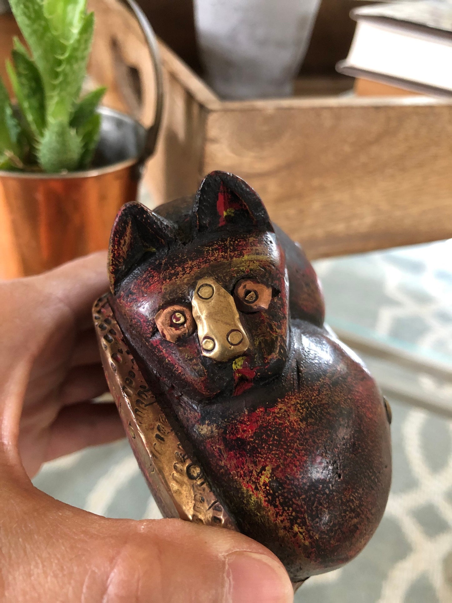 Vintage Hand Carved Wood Sleeping Cat with Brass and Copper Detailing, Paperweight