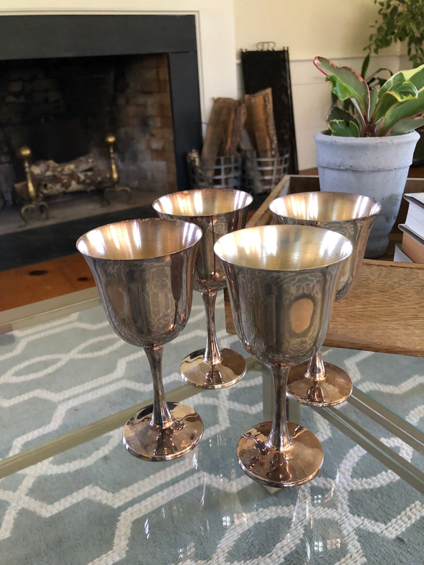 4 Salem Portugal Silver Plated Water/Wine Goblets, Rustic Small Holloware Metal Cups or Planters, Vintage Silver Wedding Barware