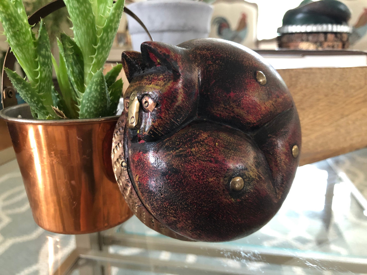 Vintage Hand Carved Wood Sleeping Cat with Brass and Copper Detailing, Paperweight