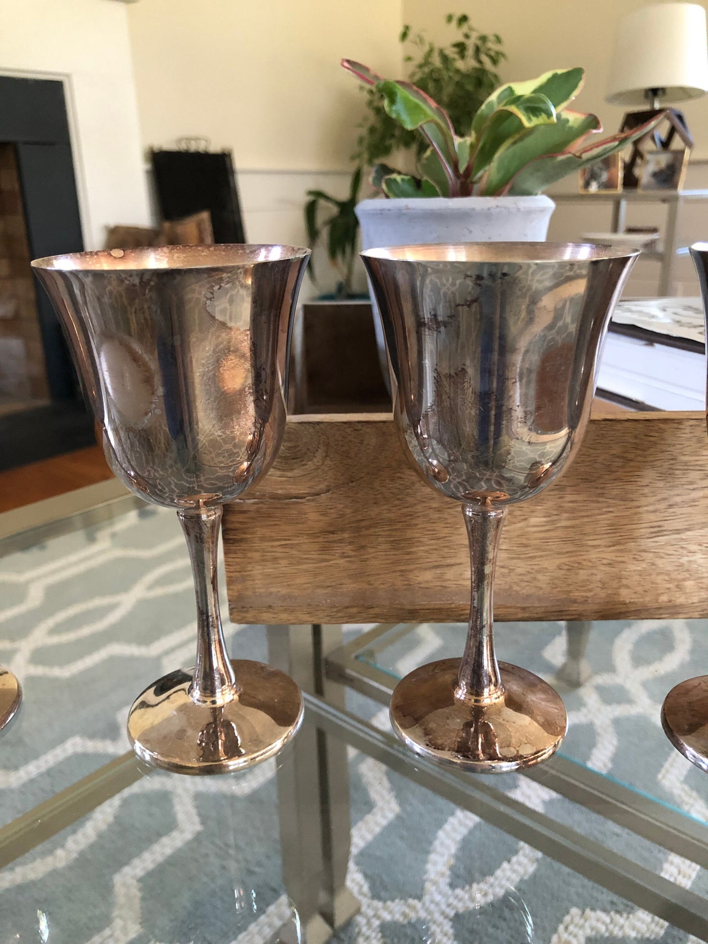 4 Salem Portugal Silver Plated Water/Wine Goblets, Rustic Small Holloware Metal Cups or Planters, Vintage Silver Wedding Barware