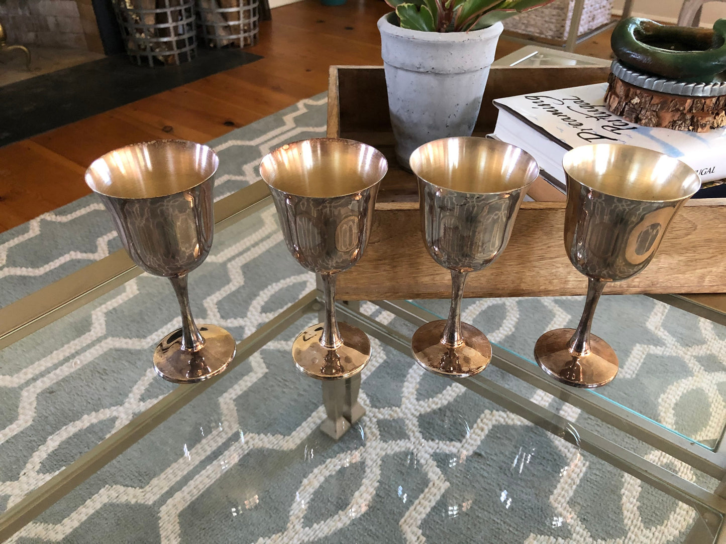 4 Salem Portugal Silver Plated Water/Wine Goblets, Rustic Small Holloware Metal Cups or Planters, Vintage Silver Wedding Barware