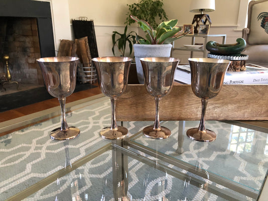 4 Salem Portugal Silver Plated Water/Wine Goblets, Rustic Small Holloware Metal Cups or Planters, Vintage Silver Wedding Barware