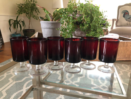 Vintage Red Luminarc Glasses / Made in France - 6 Footed Glasses - wine glass, Barware