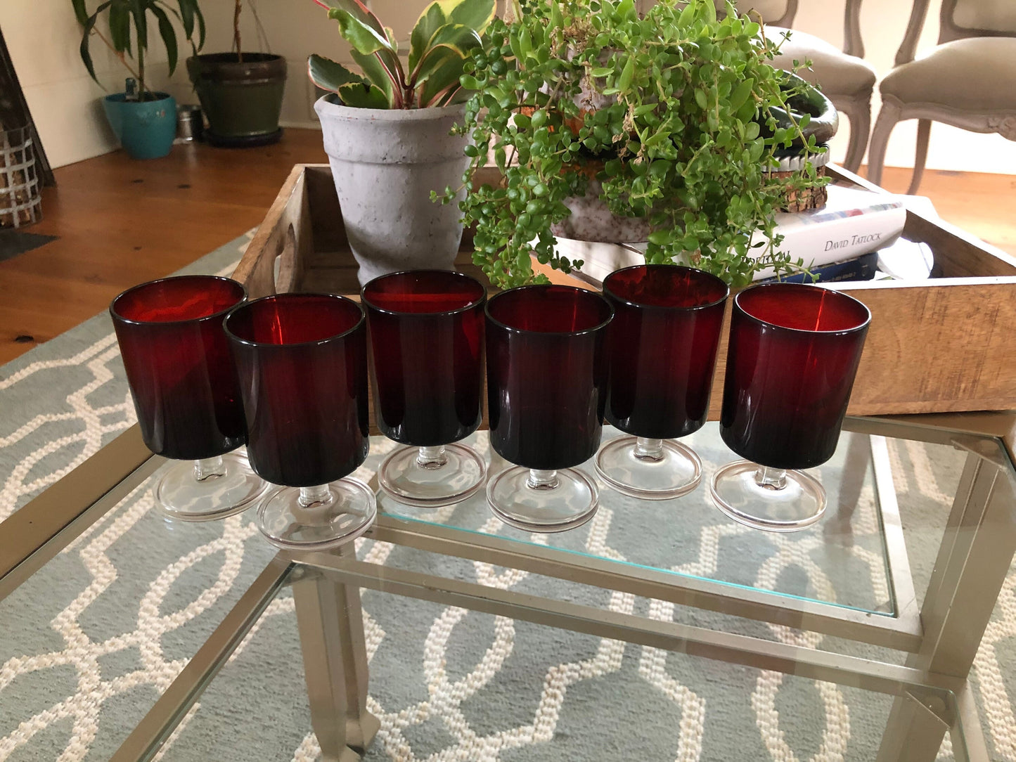 Vintage Red Luminarc Glasses / Made in France - 6 Footed Glasses - wine glass, Barware