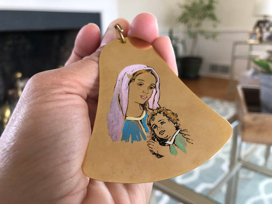 Vintage Madonna and Child, Hand painted in Italy, Metal Christmas Ornament, Gold Bell, Holiday Brass