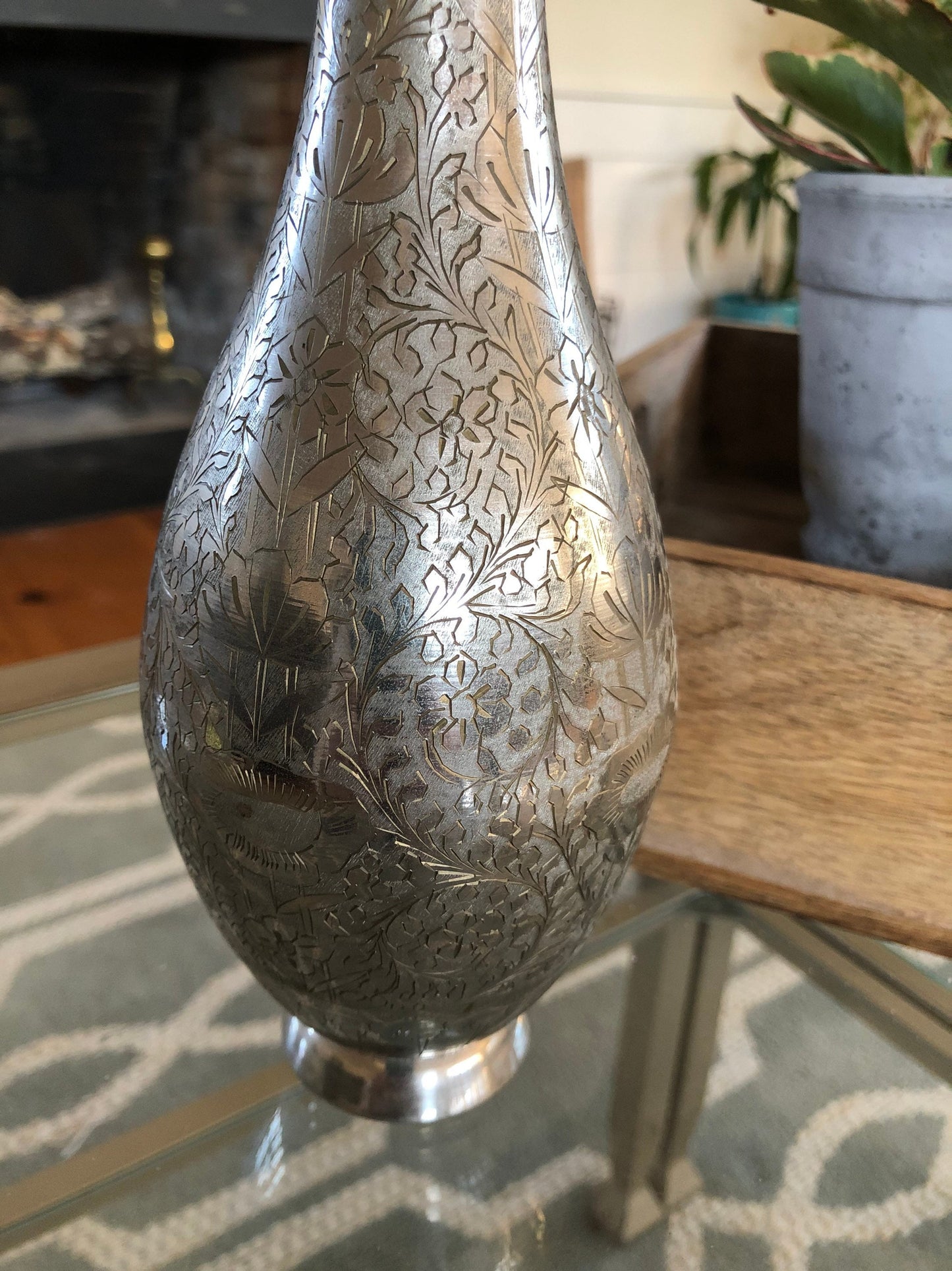 Vintage Designer WGC Etched Brass Vase, WGC Signed Vase