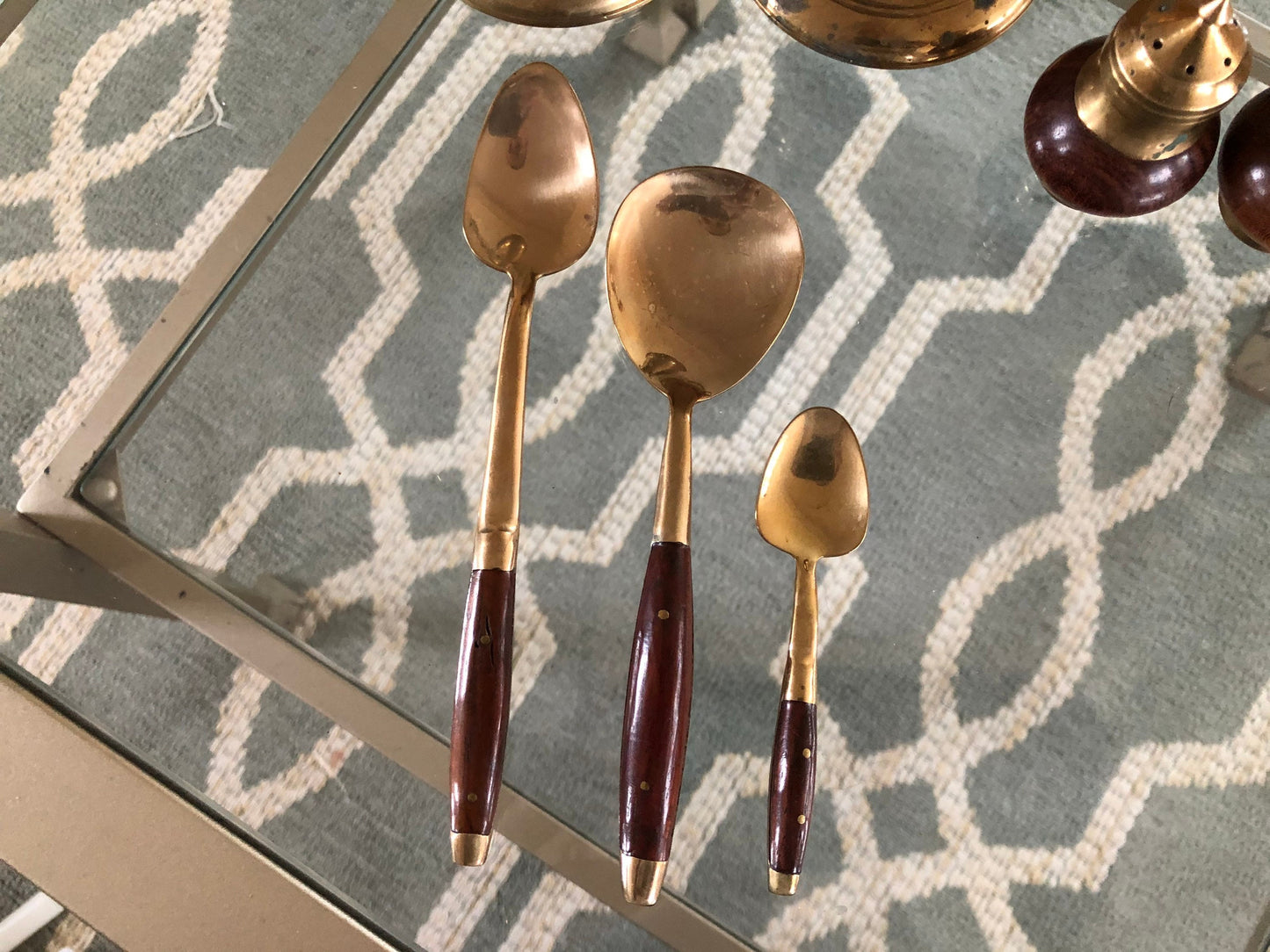 Vintage Brass & Rosewood Table Setting Pieces; Dessert, Soup, Espresso Spoon Set, Salt Pepper Shakers, Candle Sticks, Classic Flatware