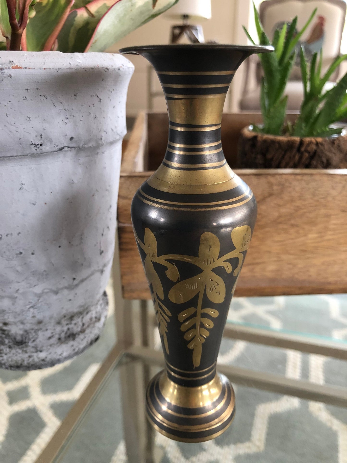 Vintage Designer Etched Brass Vase, Floral Brass Vase, Art