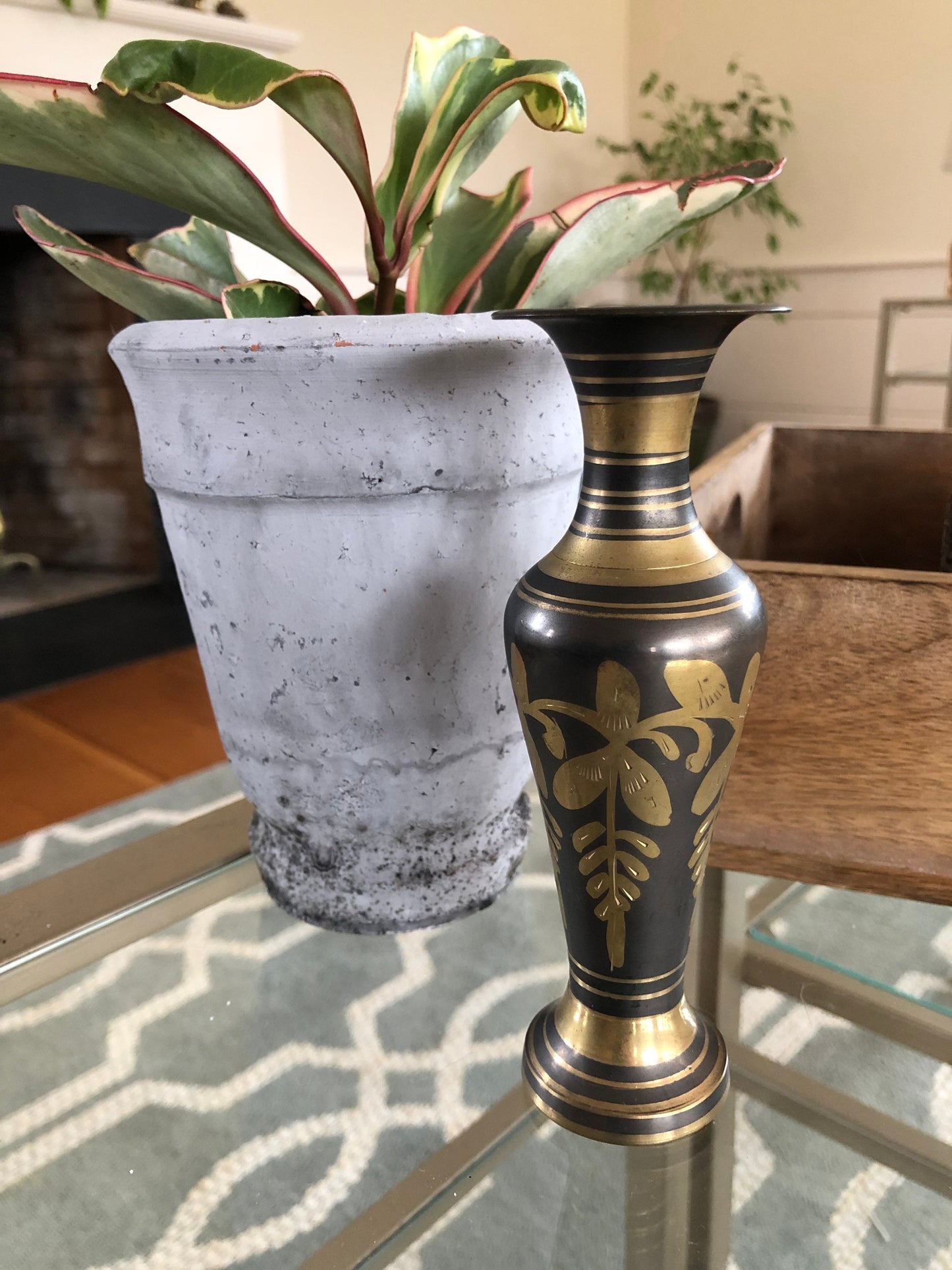 Vintage Designer Etched Brass Vase, Floral Brass Vase, Art