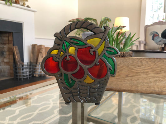 Vintage Knobler Colorful Napkin Holder in Cherry Fruit Basket Design / Stained Glass Cast Iron / Taiwan / Retro Decor Ring Lucite