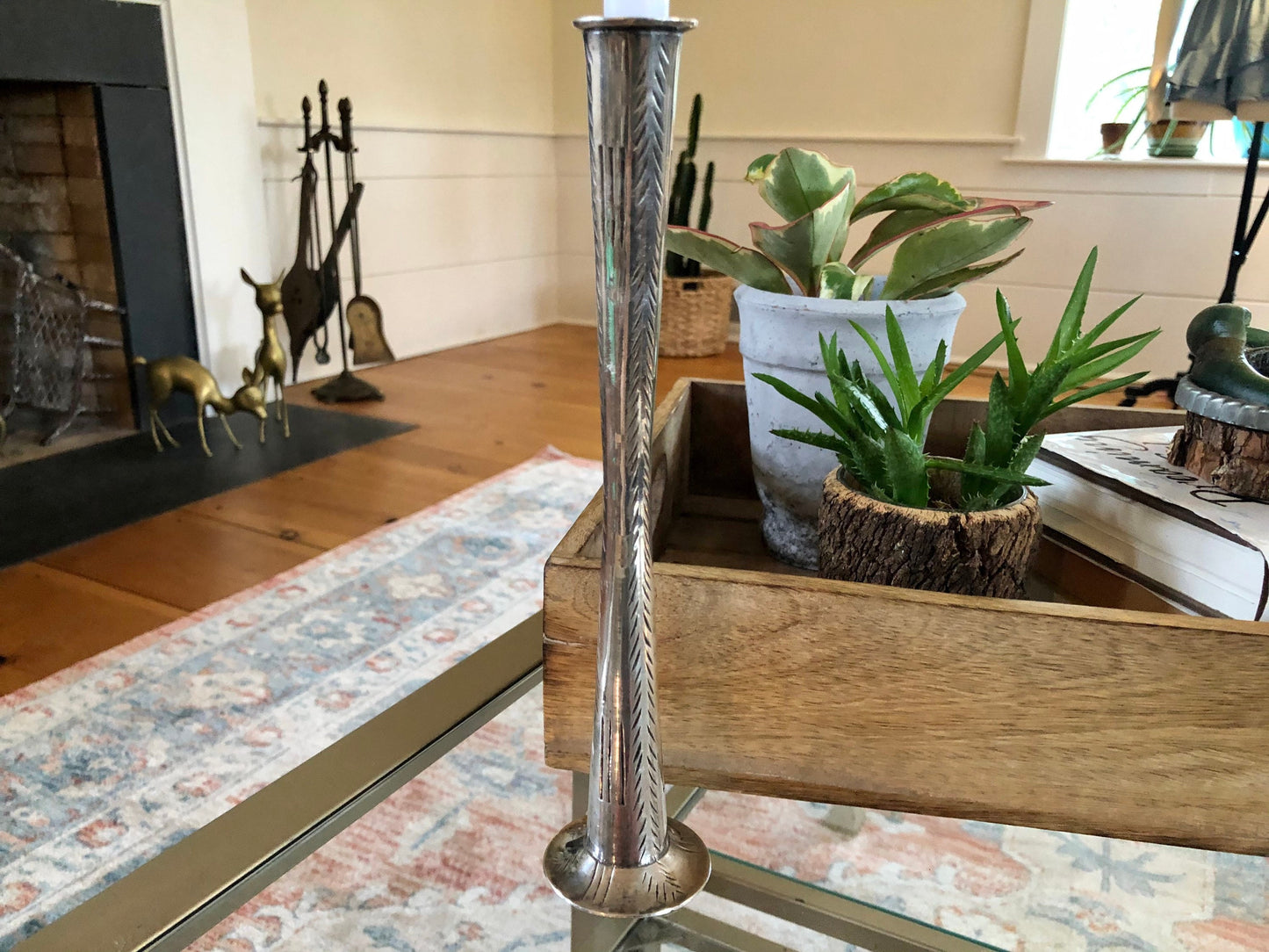 Vintage Etched Silver Candle Stick, Tall, Thin Candle Holder