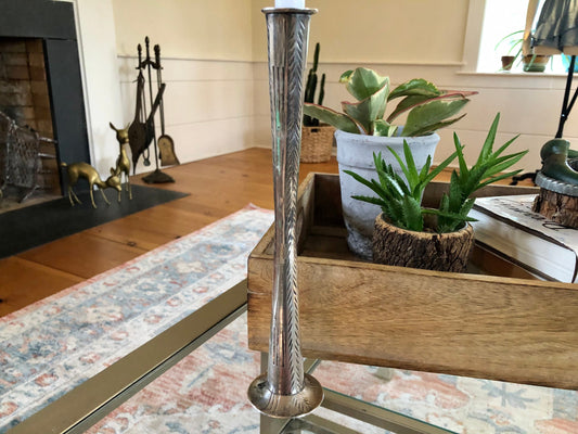 Vintage Etched Silver Candle Stick, Tall, Thin Candle Holder