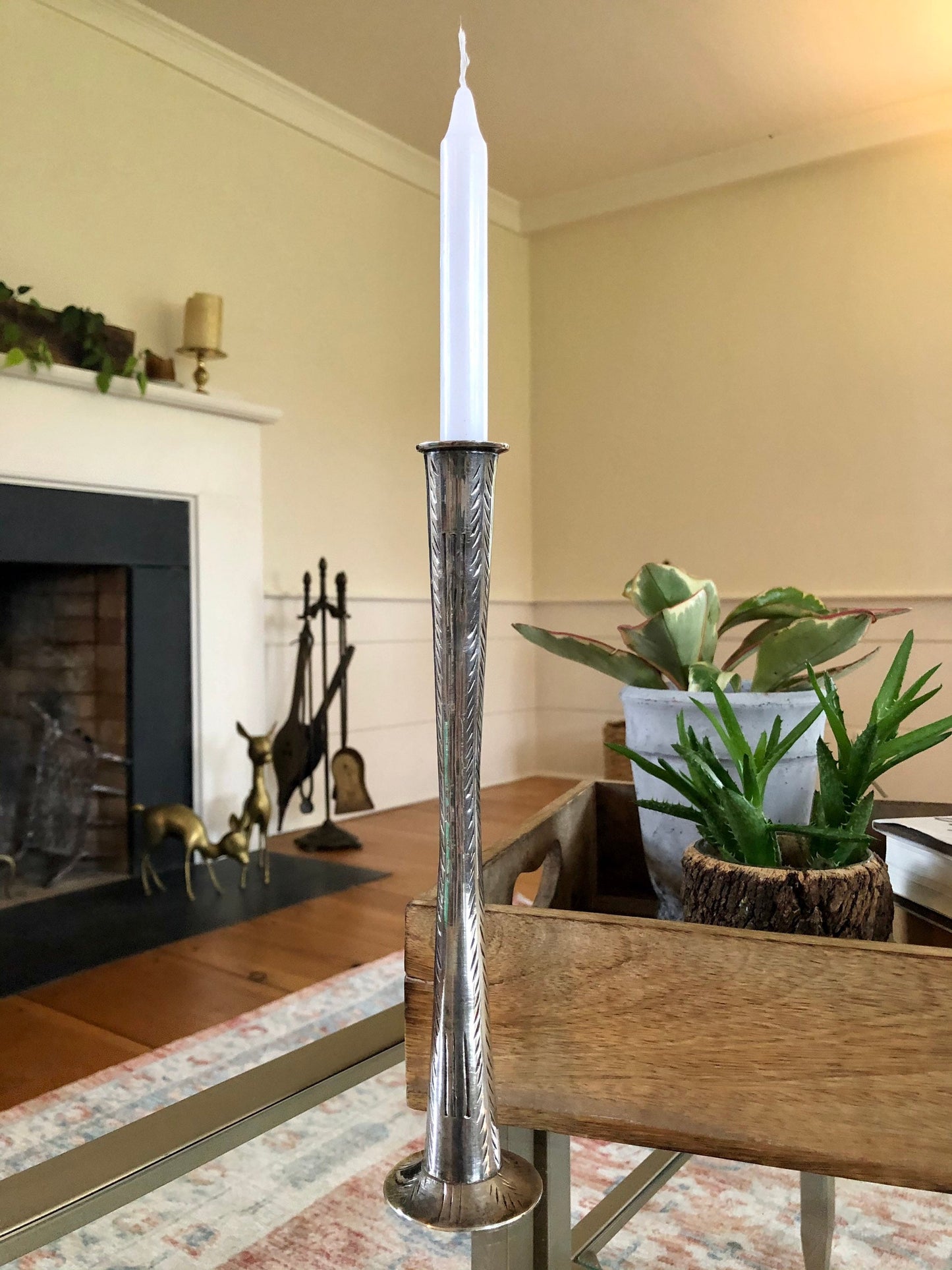 Vintage Etched Silver Candle Stick, Tall, Thin Candle Holder