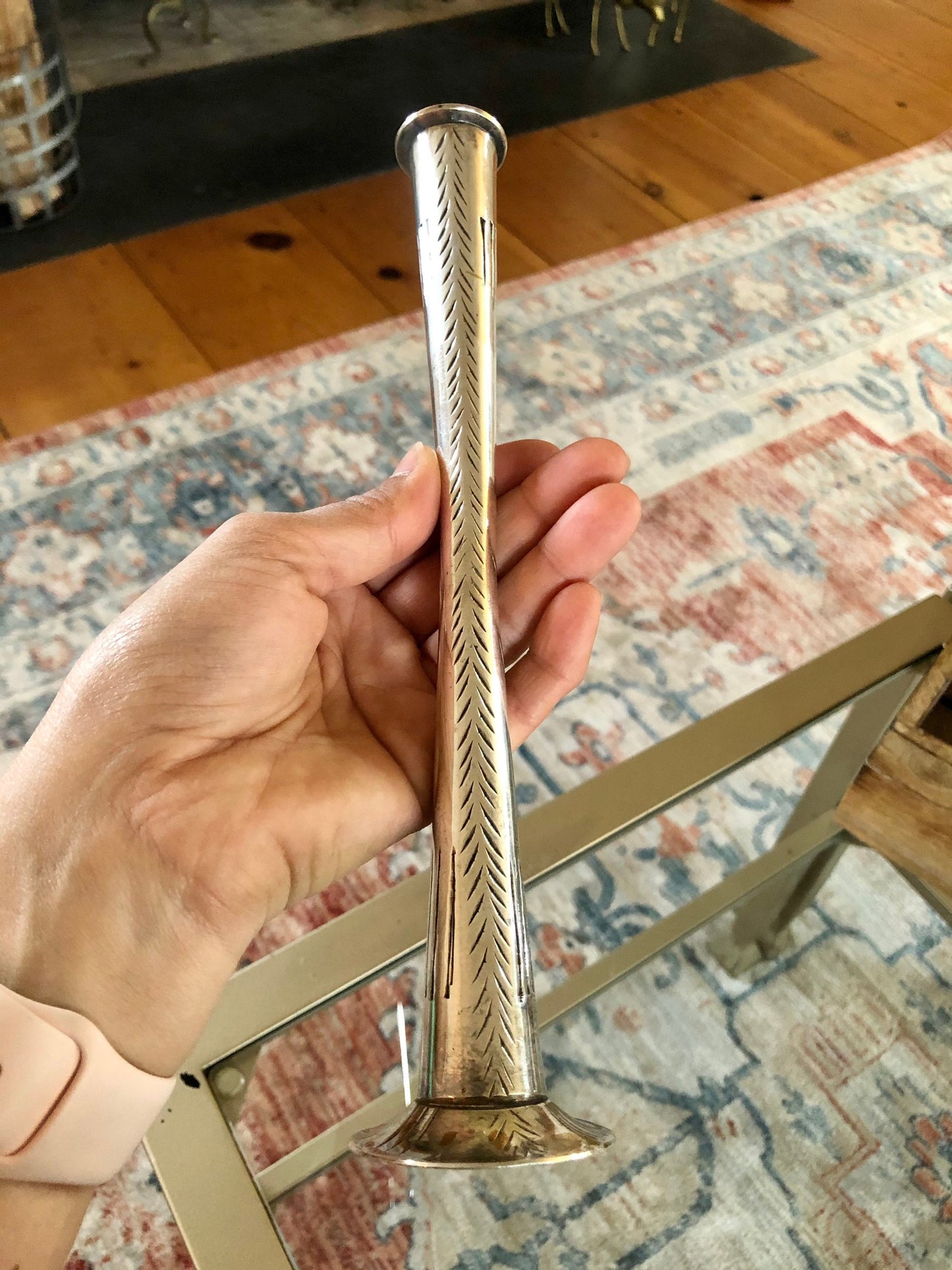 Vintage Etched Silver Candle Stick, Tall, Thin Candle Holder