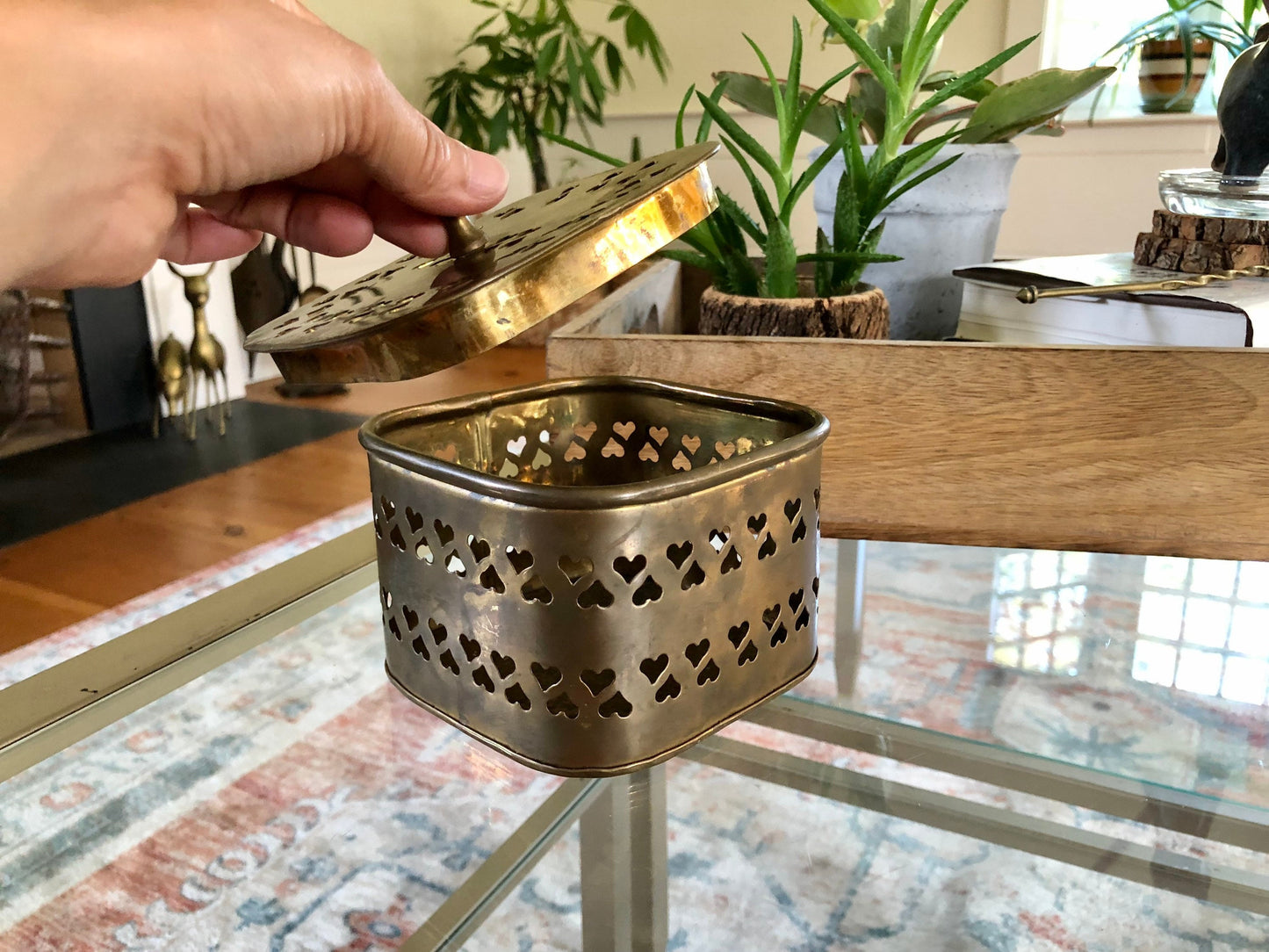 Large Vintage Rounded Square Brass Trinket Box, Gift Box, Incense, Hearts Stamped metal