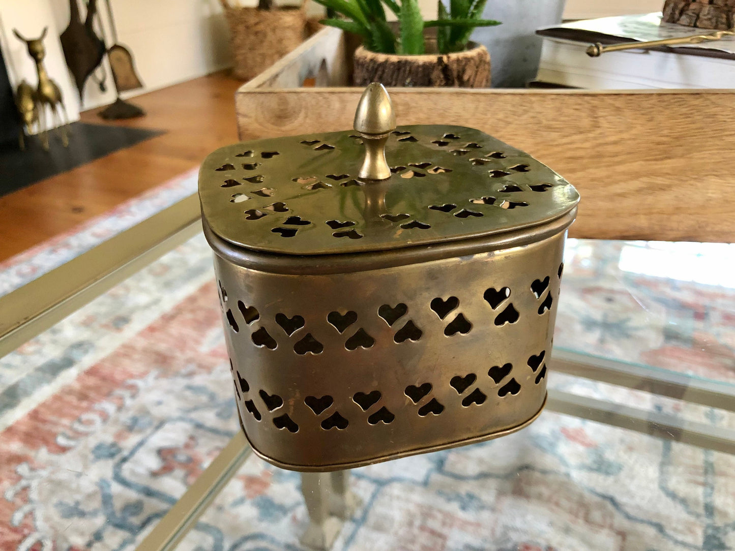 Large Vintage Rounded Square Brass Trinket Box, Gift Box, Incense, Hearts Stamped metal