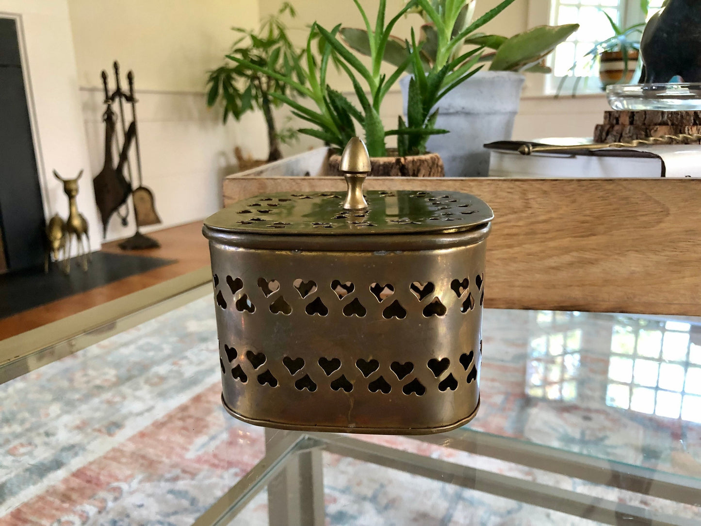 Large Vintage Rounded Square Brass Trinket Box, Gift Box, Incense, Hearts Stamped metal