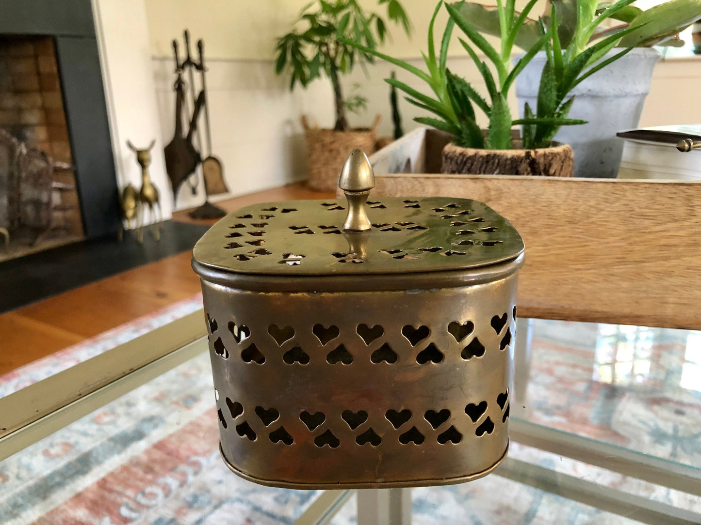 Large Vintage Rounded Square Brass Trinket Box, Gift Box, Incense, Hearts Stamped metal