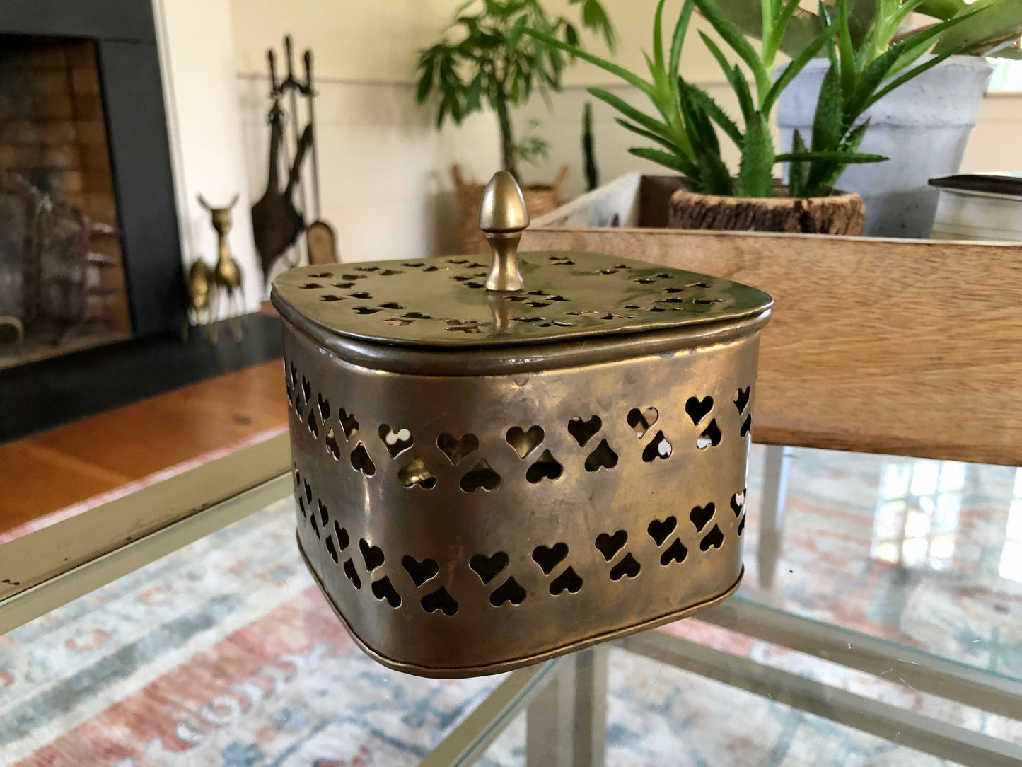 Large Vintage Rounded Square Brass Trinket Box, Gift Box, Incense, Hearts Stamped metal