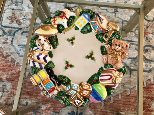 Vtg Christmas Fitz and Floyd Toyland Canapé Plate with Embossed Toy and Holly Border, Serving Dish Plate