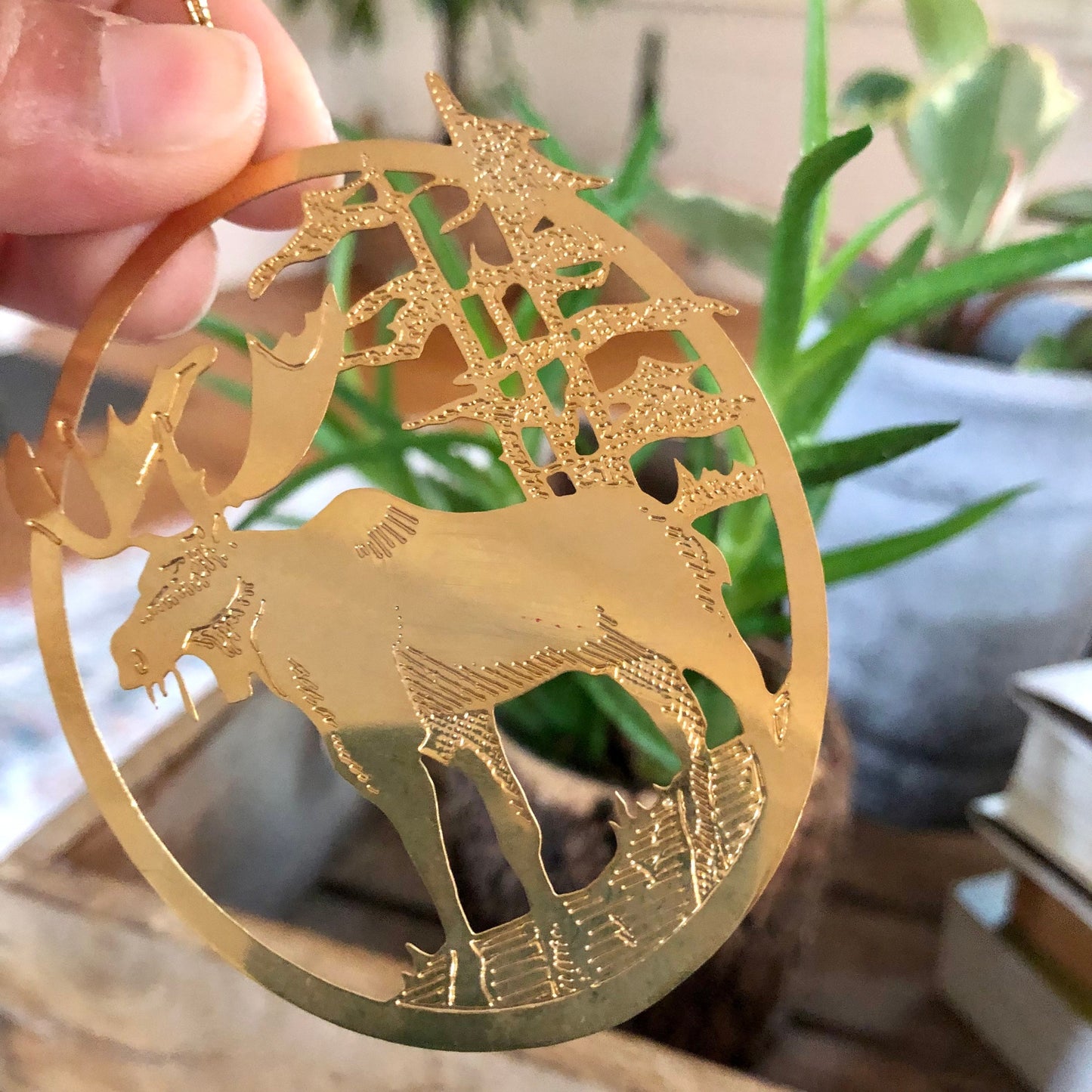 Gold, Majestic Moose Cut Metal Christmas Ornament, USA Holiday Brass, Forest Scene, Woodland