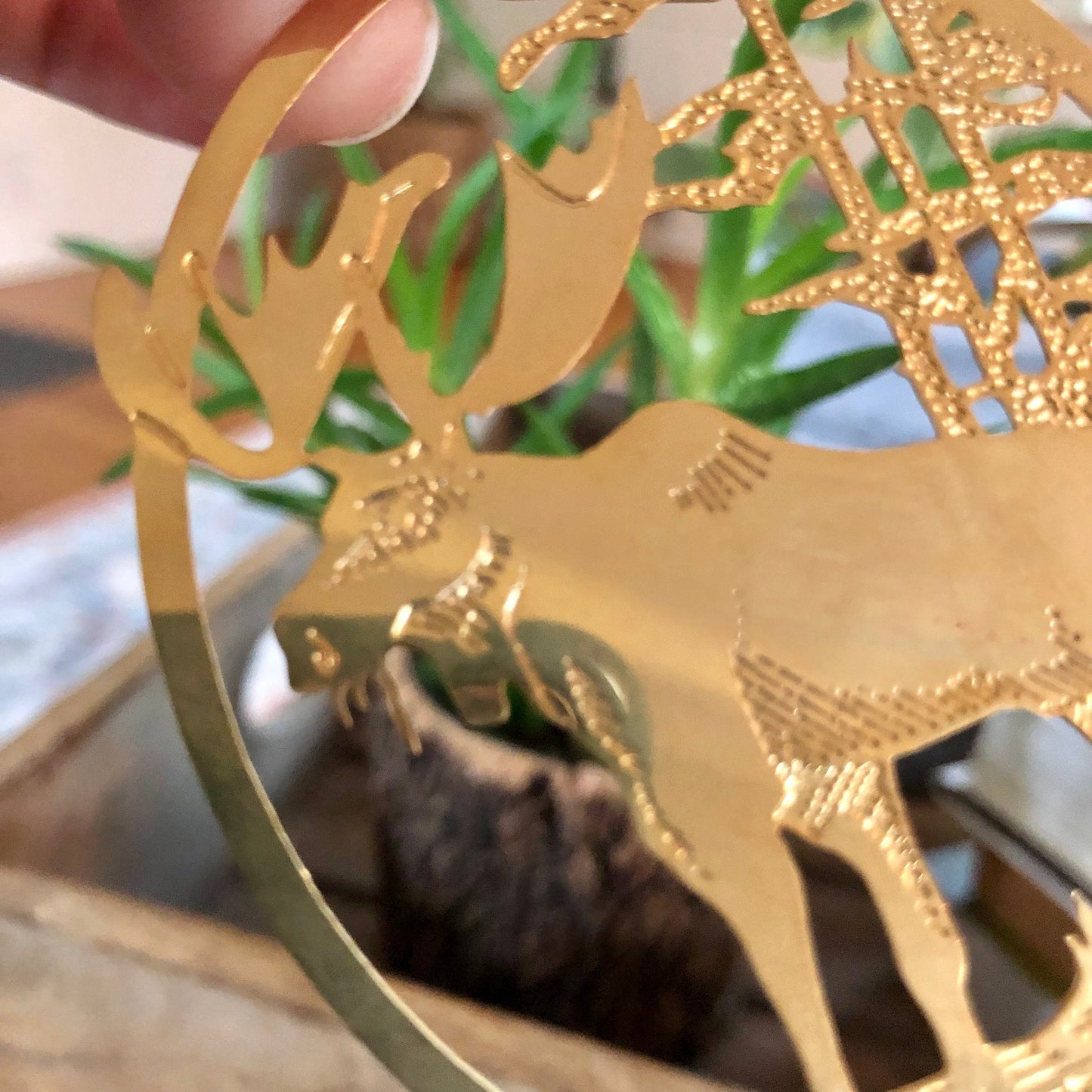 Gold, Majestic Moose Cut Metal Christmas Ornament, USA Holiday Brass, Forest Scene, Woodland