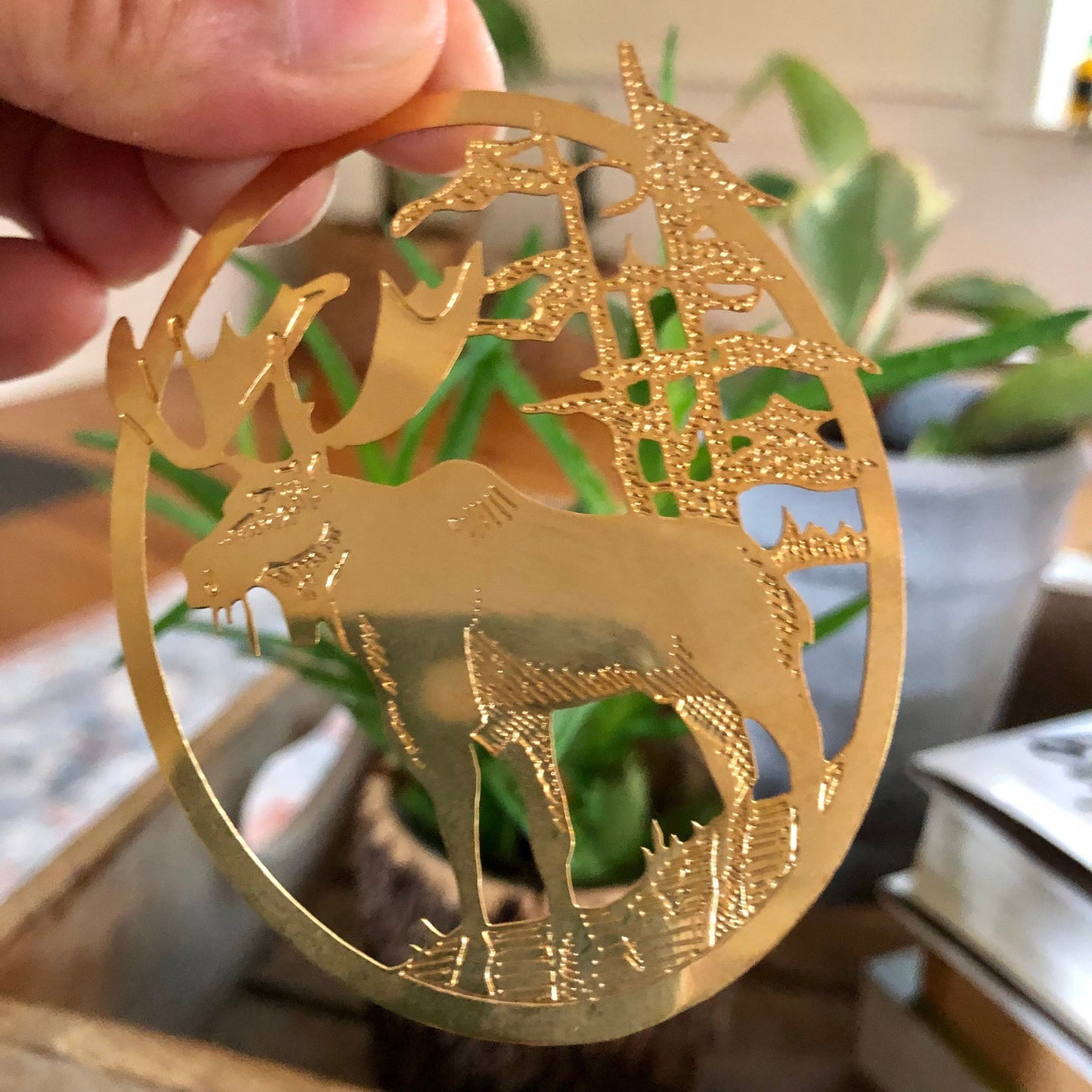 Gold, Majestic Moose Cut Metal Christmas Ornament, USA Holiday Brass, Forest Scene, Woodland