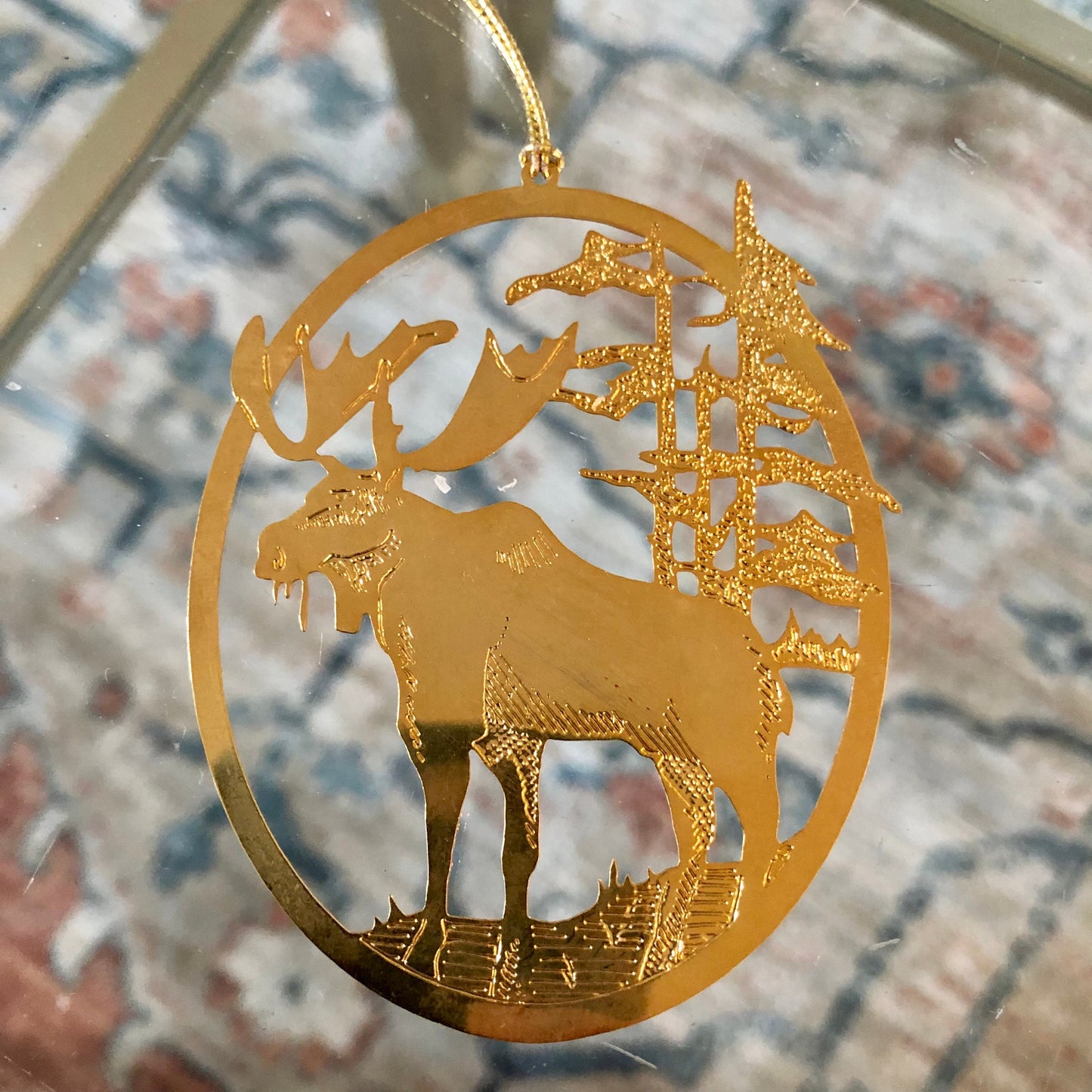 Gold, Majestic Moose Cut Metal Christmas Ornament, USA Holiday Brass, Forest Scene, Woodland