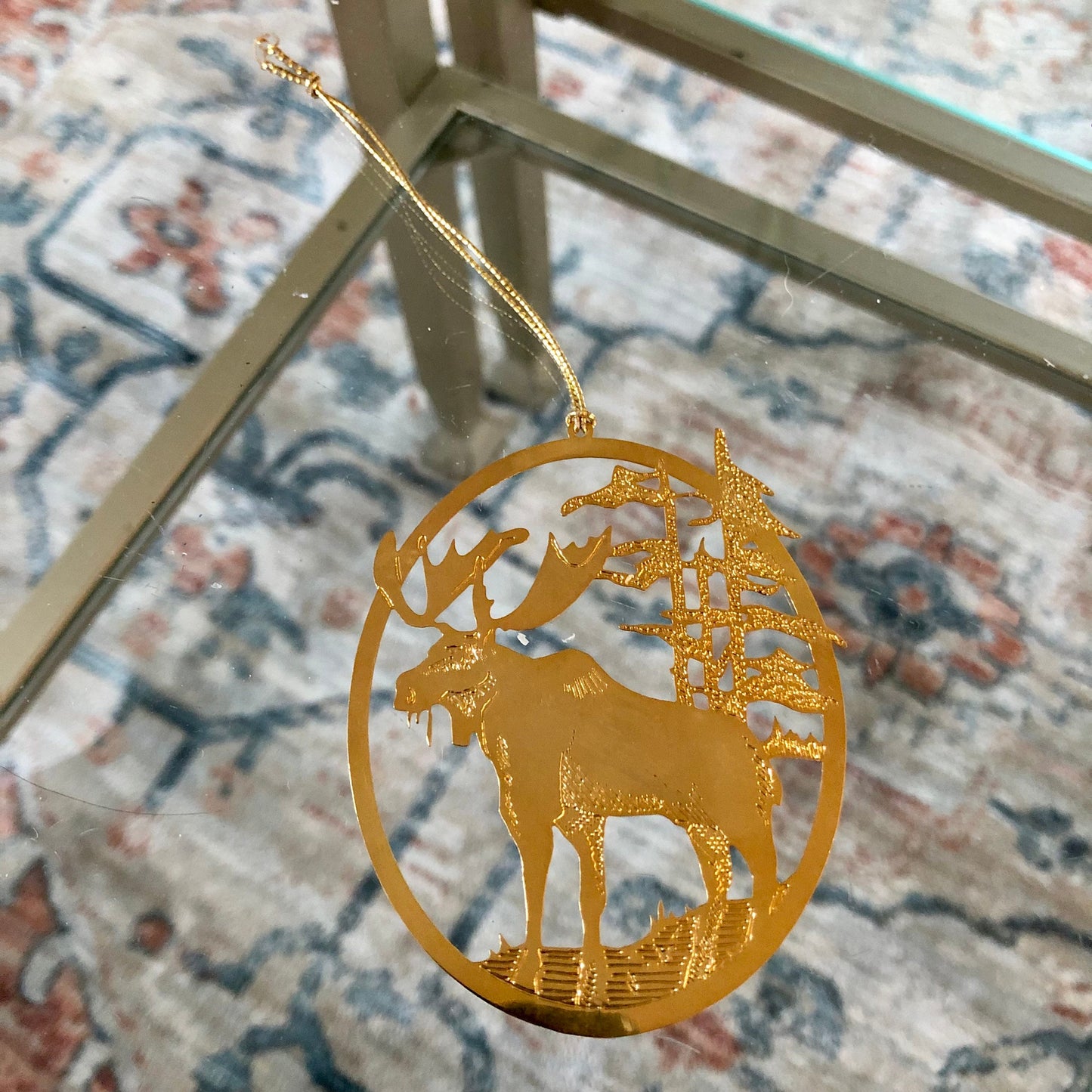 Gold, Majestic Moose Cut Metal Christmas Ornament, USA Holiday Brass, Forest Scene, Woodland