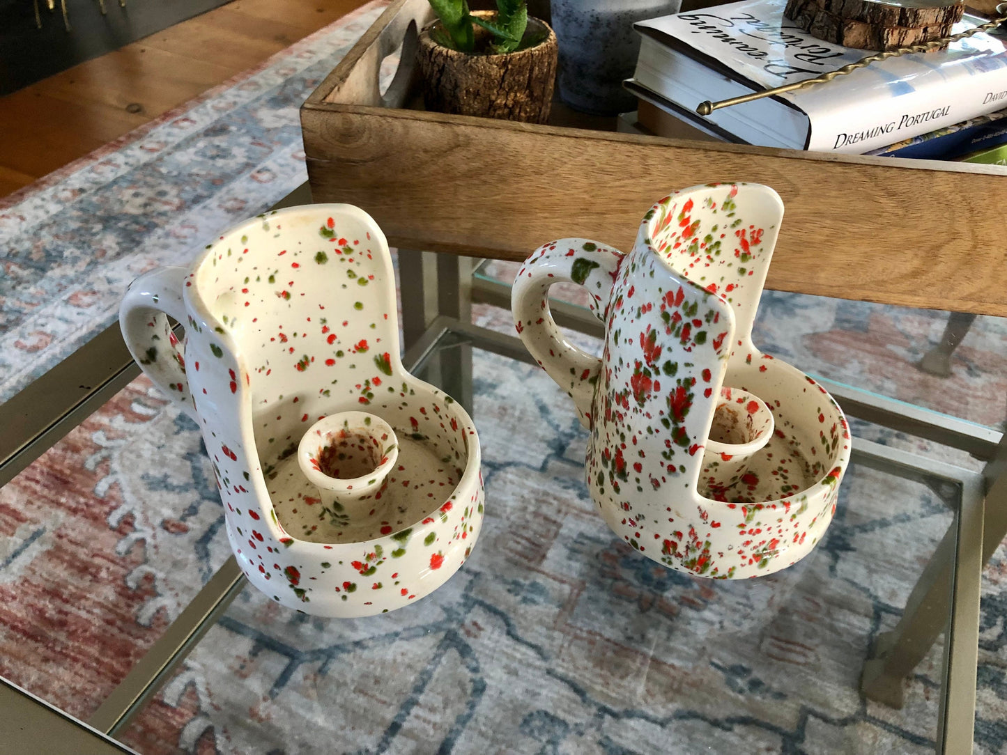 Vintage Pair of Ceramic Candle Holders, Walking Candle Holders, Red & Green Splatter Paint Coffee Cup Candle Holders, Christmas