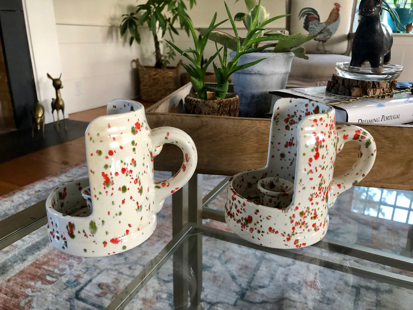 Vintage Pair of Ceramic Candle Holders, Walking Candle Holders, Red & Green Splatter Paint Coffee Cup Candle Holders, Christmas