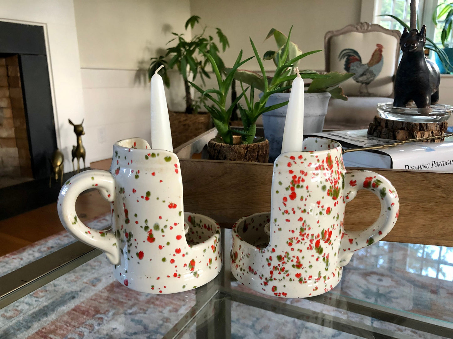 Vintage Pair of Ceramic Candle Holders, Walking Candle Holders, Red & Green Splatter Paint Coffee Cup Candle Holders, Christmas