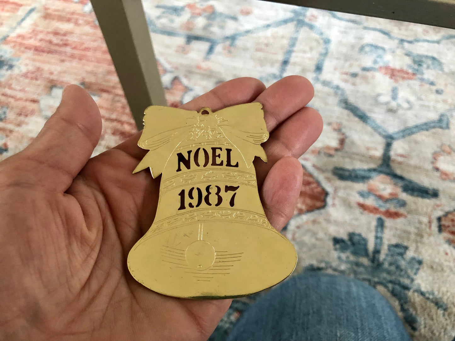 Gold, Noel 1987 Bell Cut Metal Christmas Ornament, USA Holiday Brass, Bell with Bow