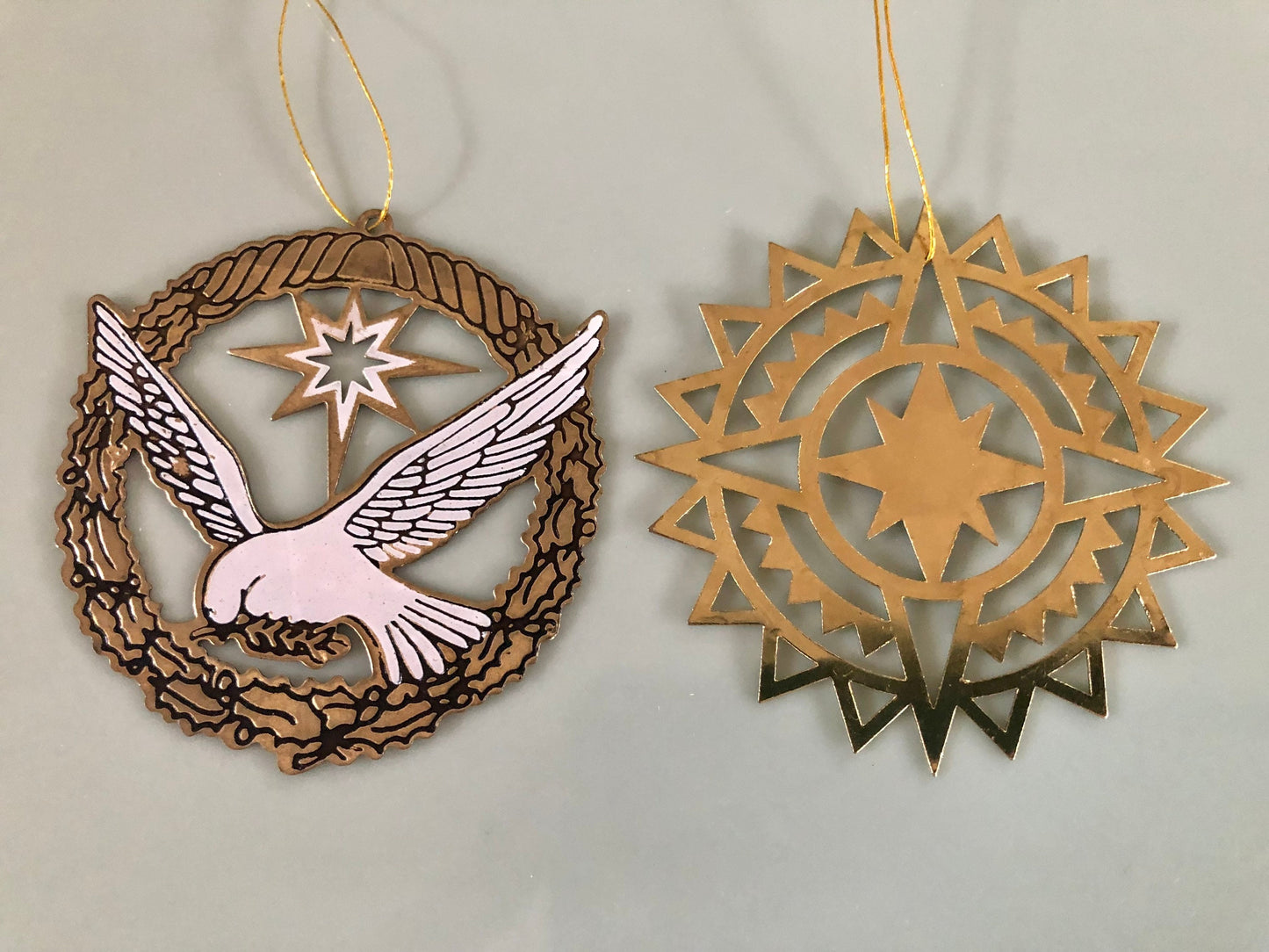 Gold, Holy Ghost & Christmas Star Cut Metal Christmas Tree Ornaments, USA Holiday Brass, Dove Christian Ornament, Vintage Holiday