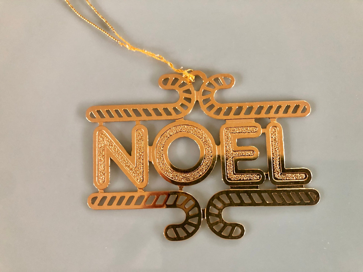 Gold, 'NOEL' & Candy Cane Cut Metal Christmas Ornament, USA Holiday Brass