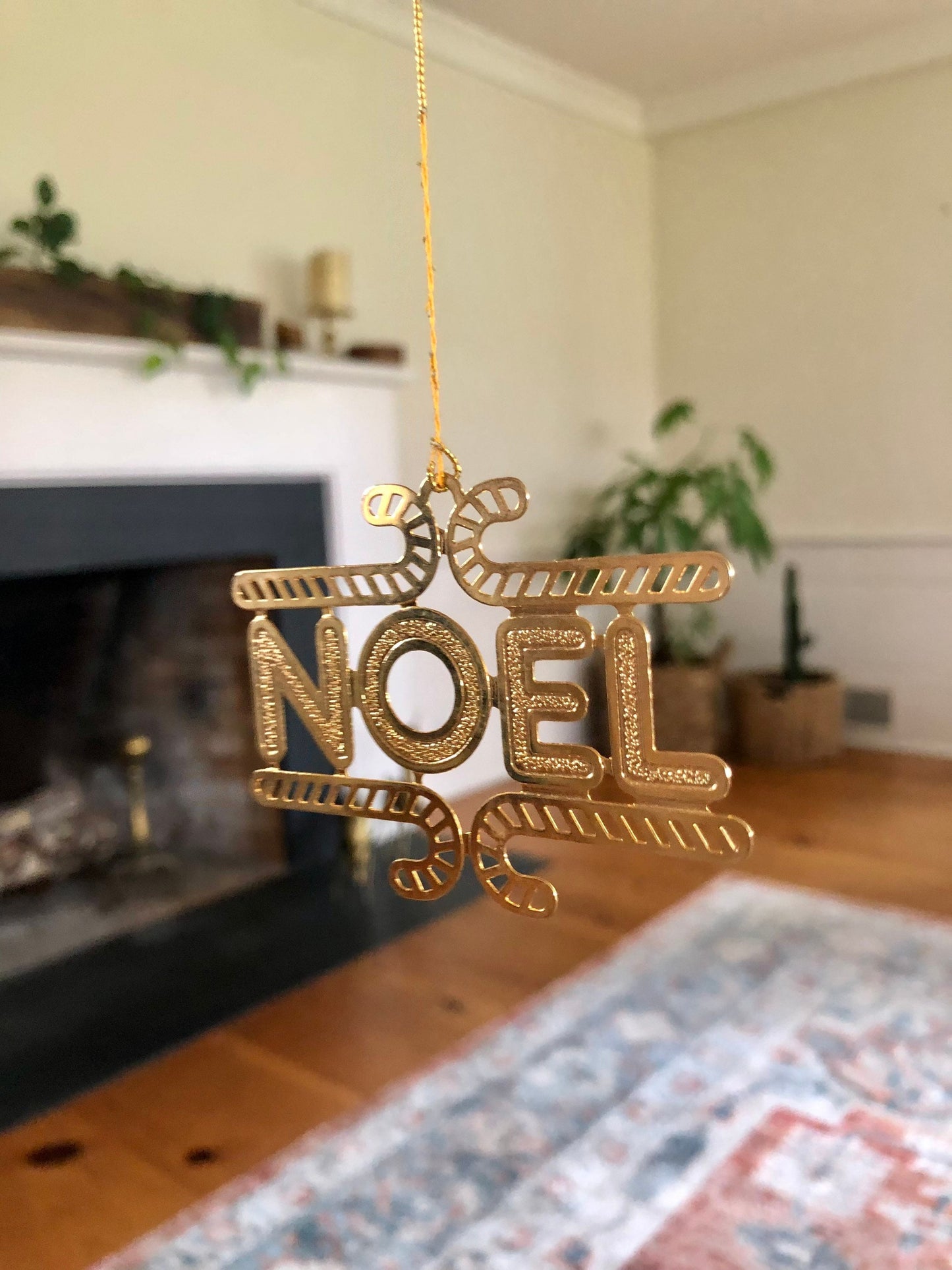 Gold, 'NOEL' & Candy Cane Cut Metal Christmas Ornament, USA Holiday Brass