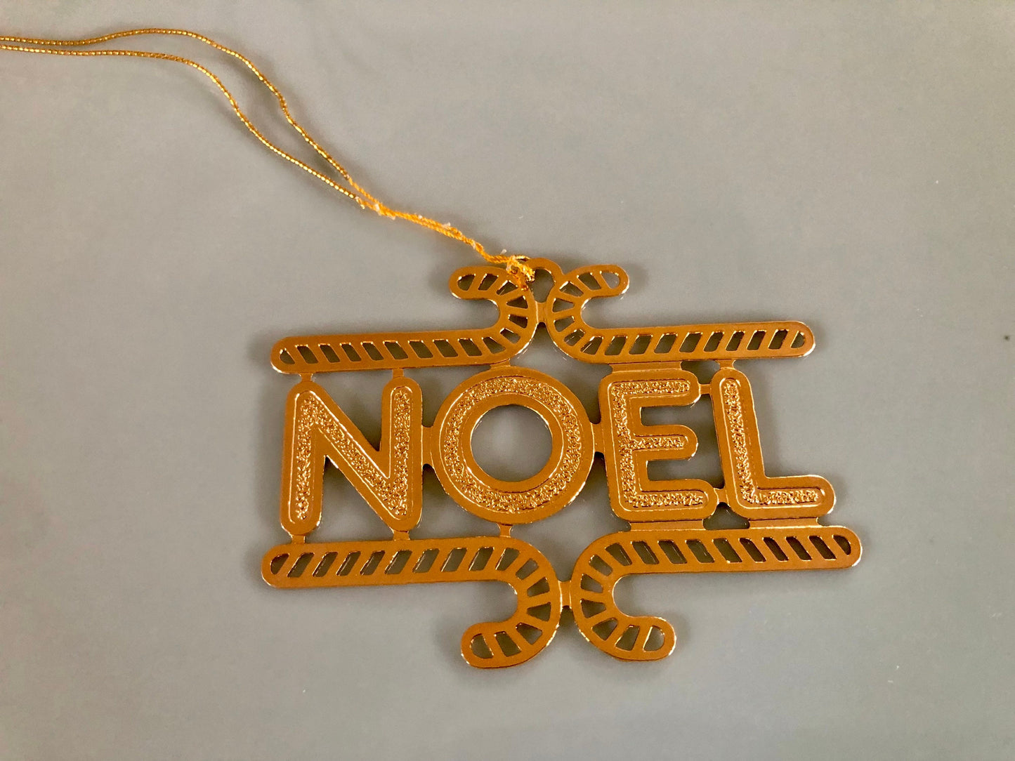 Gold, 'NOEL' & Candy Cane Cut Metal Christmas Ornament, USA Holiday Brass