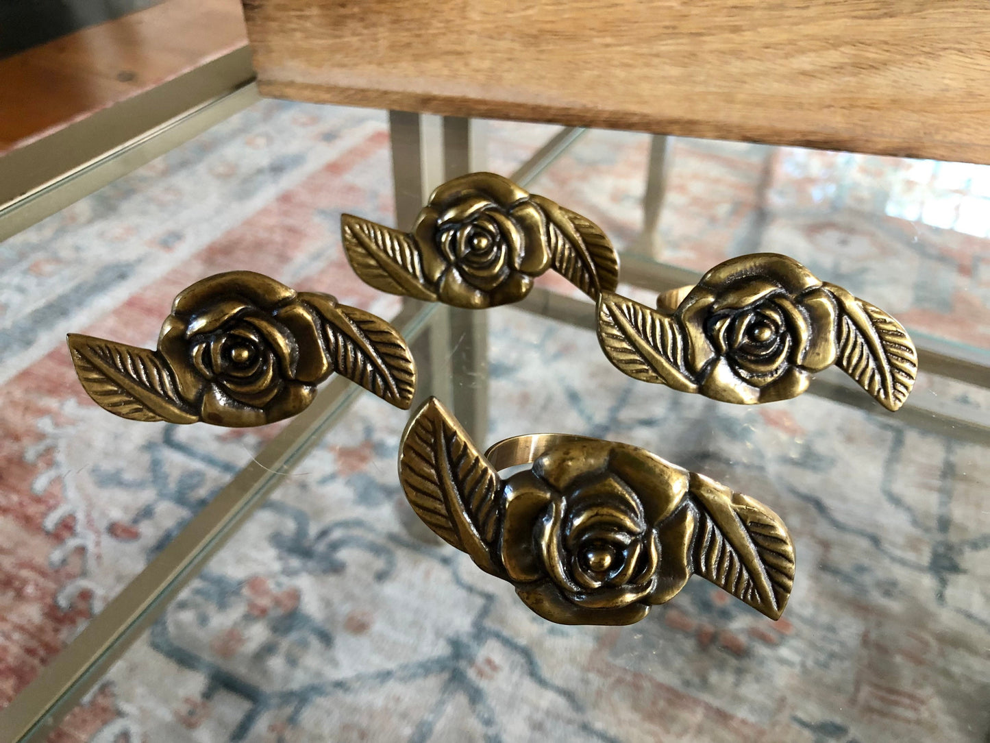 Vintage Gold Brass Rose Napkin Rings | Flower Brass Napkin Holders | Set of 4