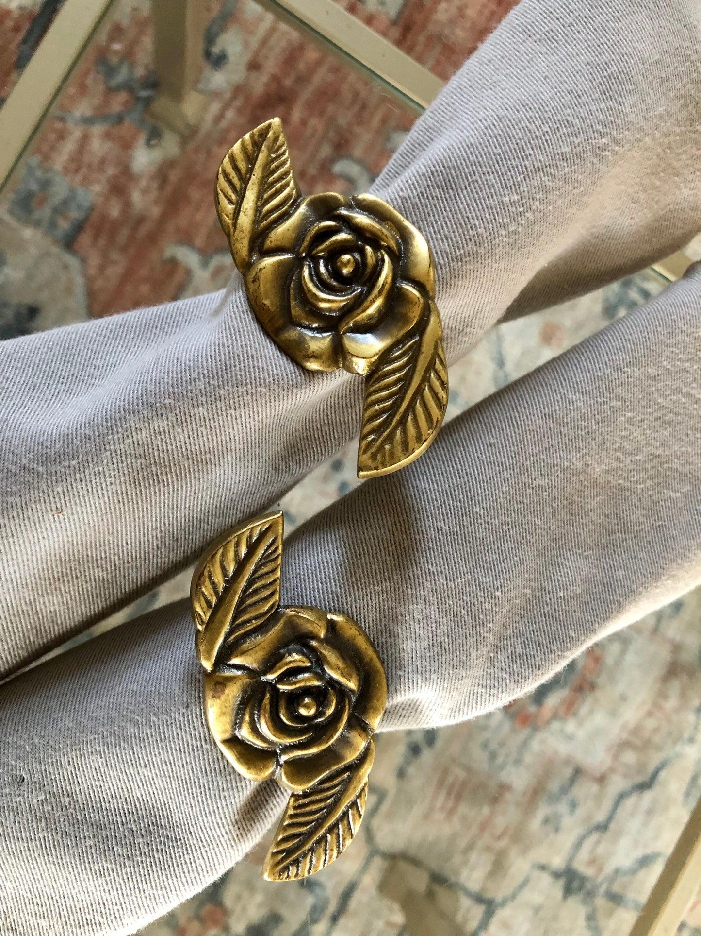 Vintage Gold Brass Rose Napkin Rings | Flower Brass Napkin Holders | Set of 4