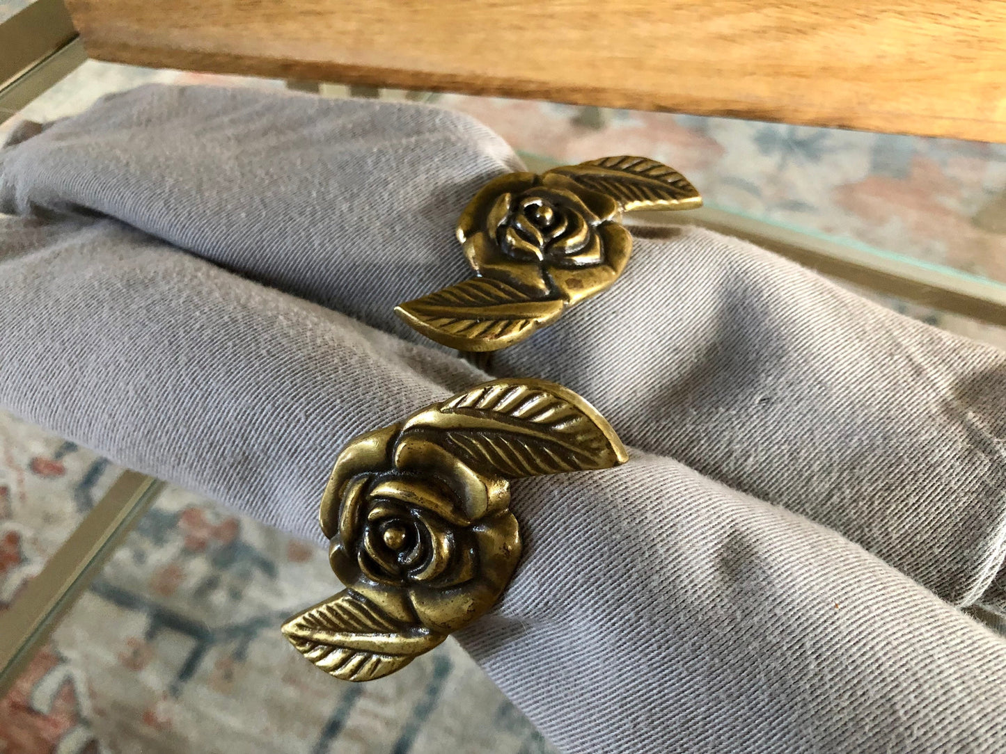 Vintage Gold Brass Rose Napkin Rings | Flower Brass Napkin Holders | Set of 4