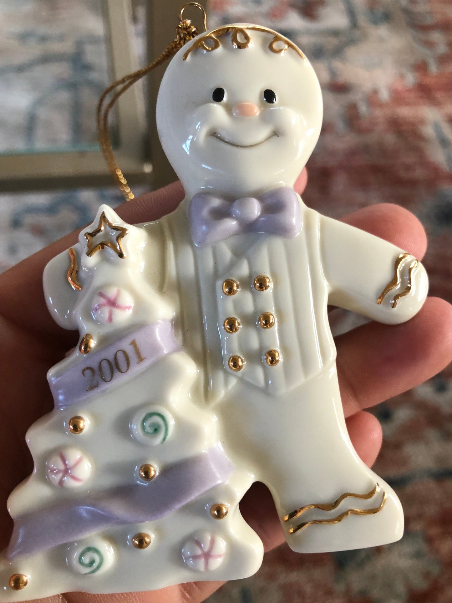 Lenox Holiday Gingerbread Man Christmas Ornament, Ivory 2001 Holiday Ornament, Christmas Keepsake, Gold Details