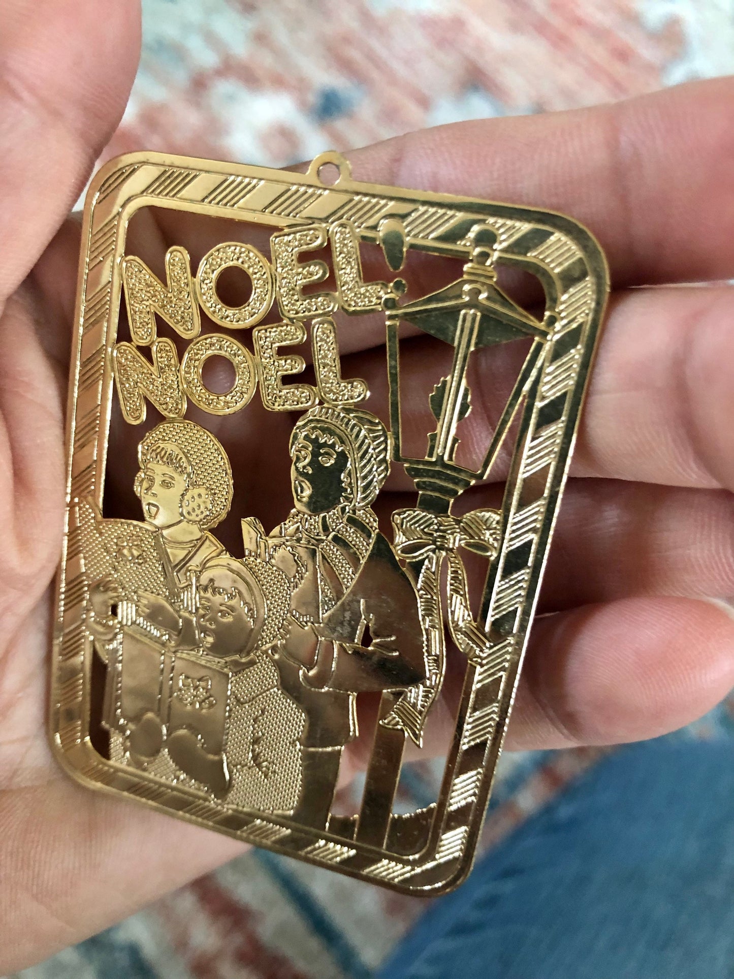 Gold, 'NOEL' Christmas Carolers Cut Metal Christmas Ornament, USA Holiday Brass, Holiday Scene